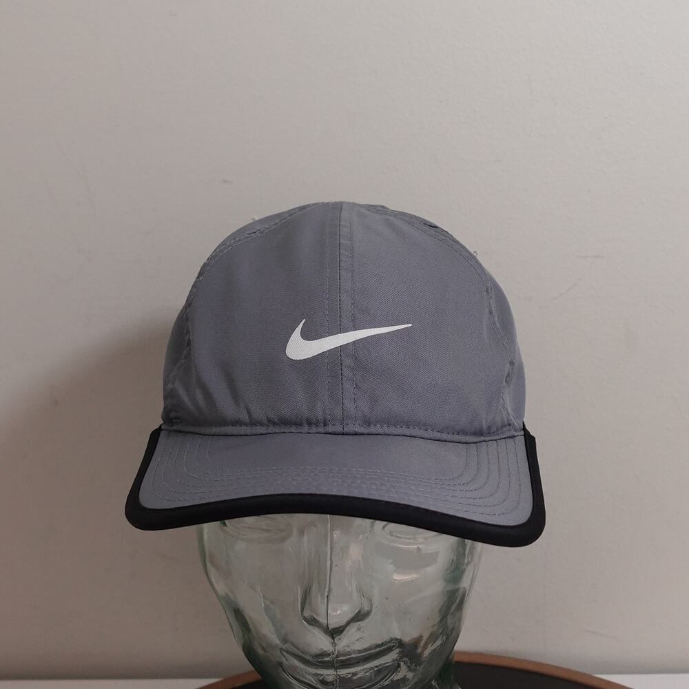 Nike Dri-FIT Running Hat Grey Black Trim Adjustable Performance Cap Swoosh Logo - Picture 7 of 10